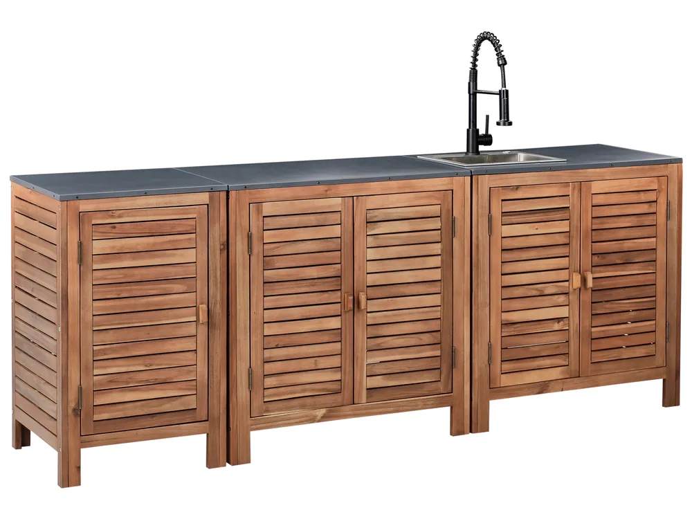 3 Piece Outdoor Kitchen Set with Sink BRUCOLI Brown/ Black Acacia Wood
