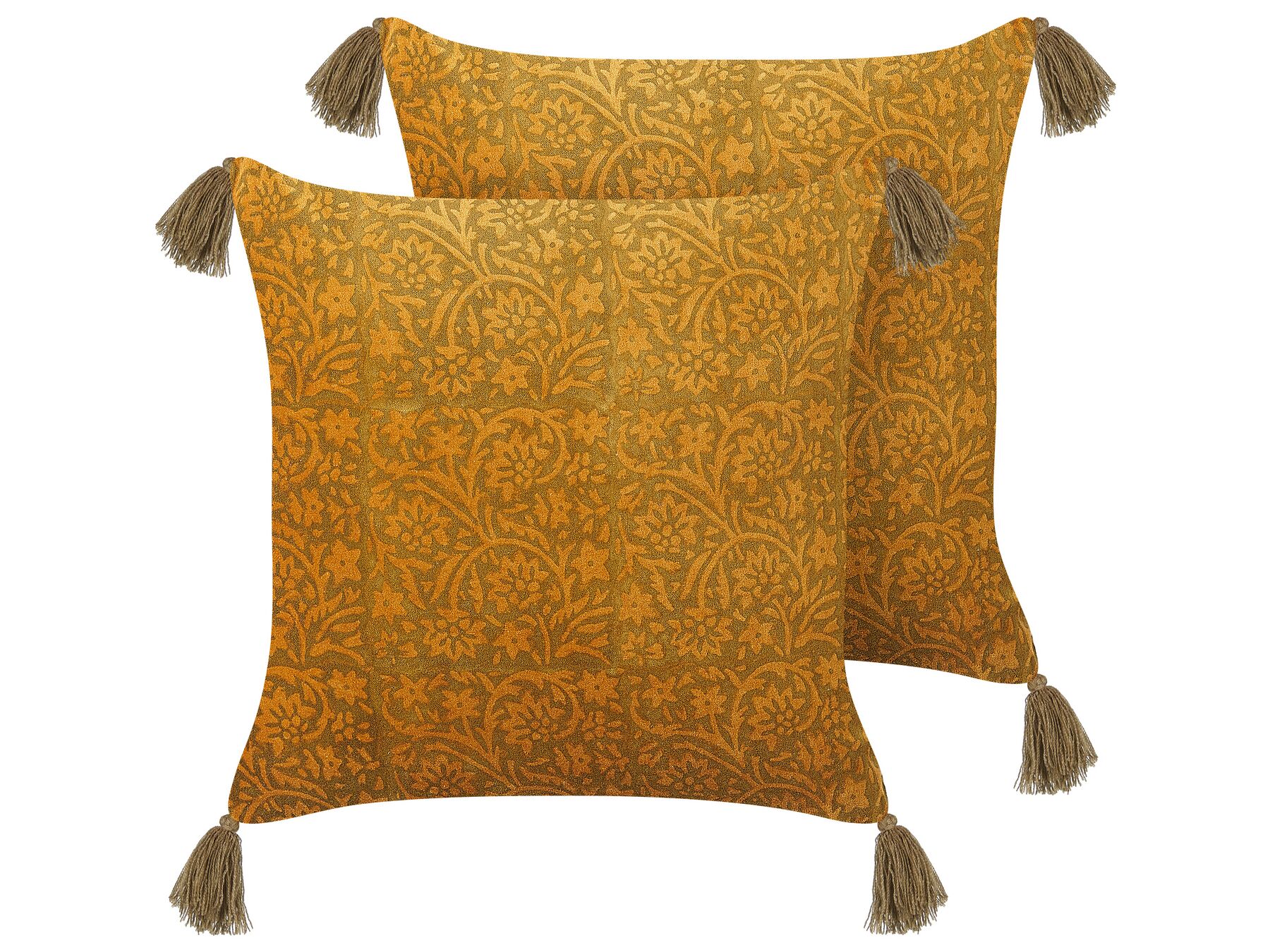 Set of 2 Velvet Cushions Floral Pattern with Tassels 45 x 45 cm Yellow RHEUM_838462