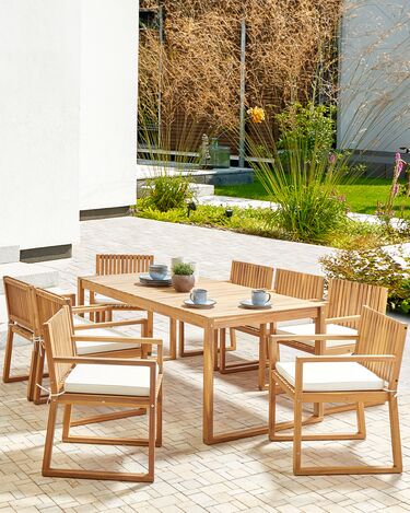 Set of 8 Certified Acacia Wood Garden Dining Chairs with Off-White Cushions SASSARI II