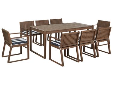 Zestaw ogrodowy stół i 8 krzeseł ciemne drewno z poduszkami niebiesko-białymi SASSARI