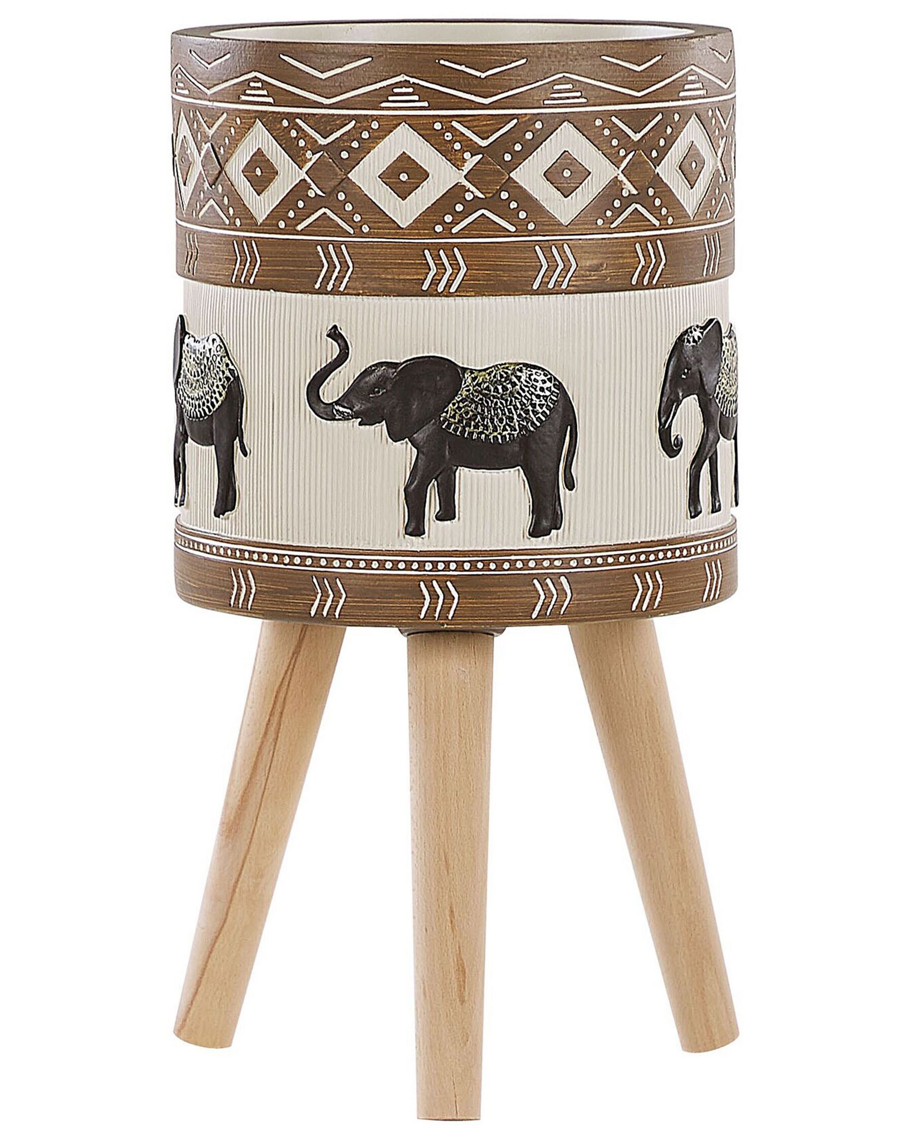 Pflanzenständer braun / beige Elefantenmotiv mit Holzbeinen 55 cm ACHILIO_808778