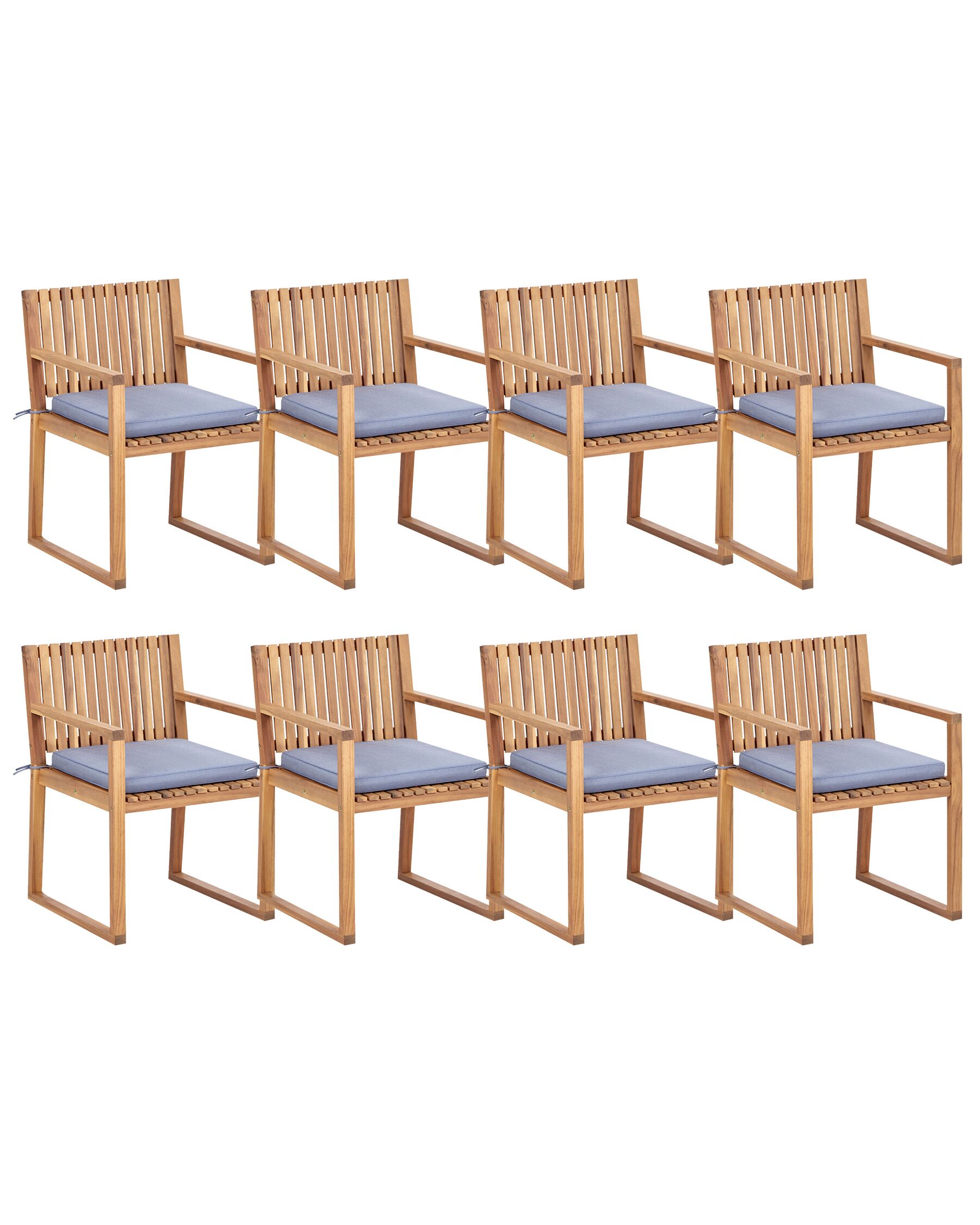 Sada 8 záhradných stoličiek svetlé certifikované akáciové drevo/modré podsedáky SASSARI II_923917
