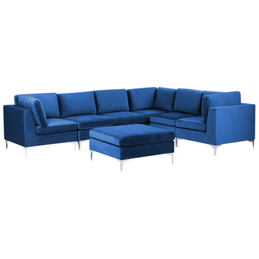 Left Hand 6 Seater Modular Velvet Corner Sofa with Ottoman Blue EVJA