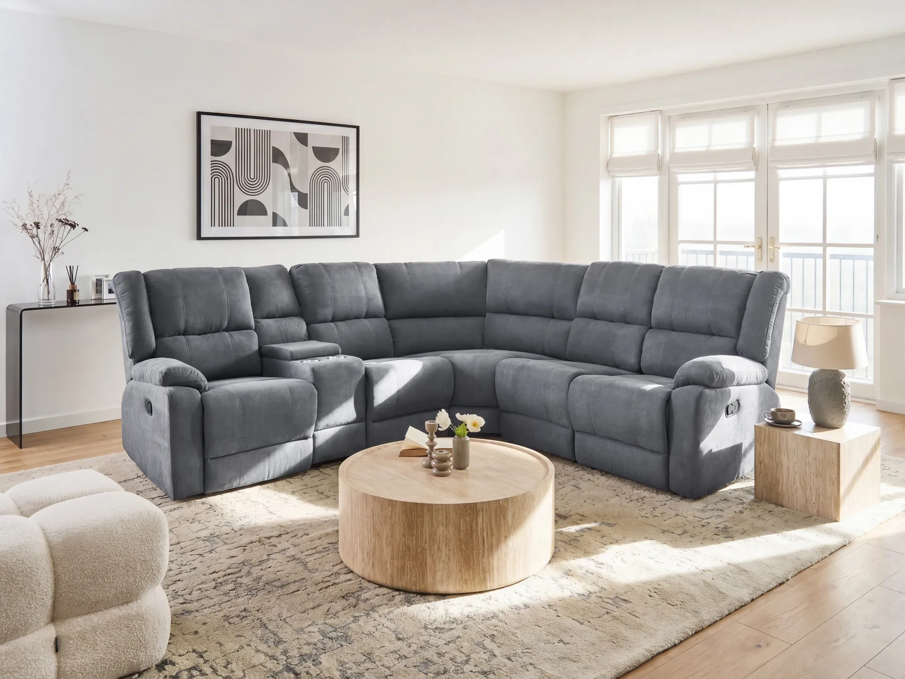 Manual Recliner Corner Sofa 5 Seater ROKKE Fabric Grey Left Hand_1108221
