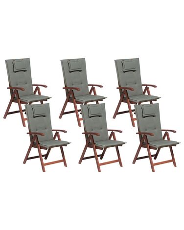 Set of 6 Acacia Garden Folding Chairs with Grey Cushions TOSCANA