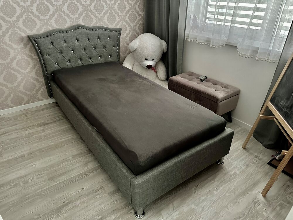 Letto Singolo 90x200 Cm Con Testiera In Lino - Telaio Metallico Grigio Chiaro Per Camera - Foto 3