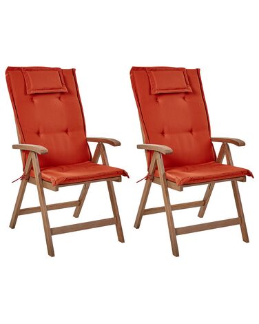 Lot de 2 chaises de jardin pliantes en bois d'acacia sombre avec coussins rouges AMANTEA