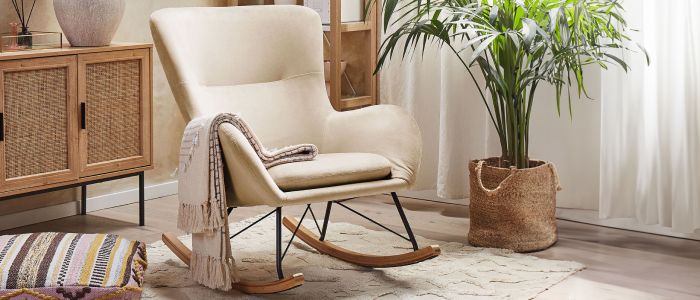 Fauteuil à Bascule Moderne Beliani - Tissu Taupe, Pieds Métal Et Bois, Accoudoirs, Charge 120 Kg - 6