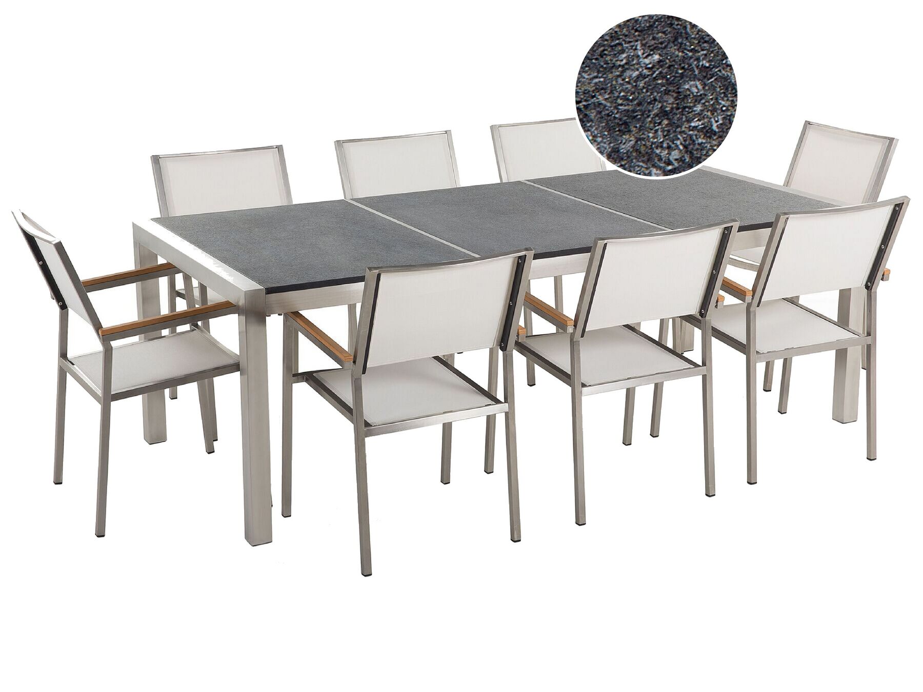 8 Seater Garden Dining Set Black Granite Triple Plate Top with White Chairs GROSSETO_379916