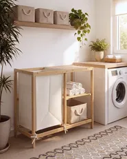 Meuble haut PUILAR 68 cm avec panier à linge Bambou Marron clair_1144367