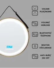 Miroir de salle de bain LED DAROIS 60 cm 60 cm Avec haut-parleur Bluetooth intégré Doré_940504
