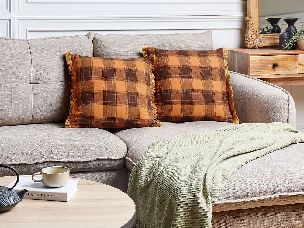 Conjunto de 2 cojines decorativos BARJA 45 x 45 cm Naranja A cuadros_1187209