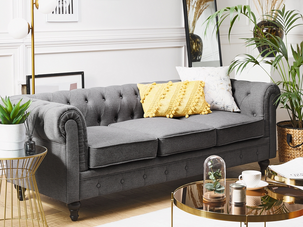 3 Seater Fabric Sofa Grey CHESTERFIELD Beliani