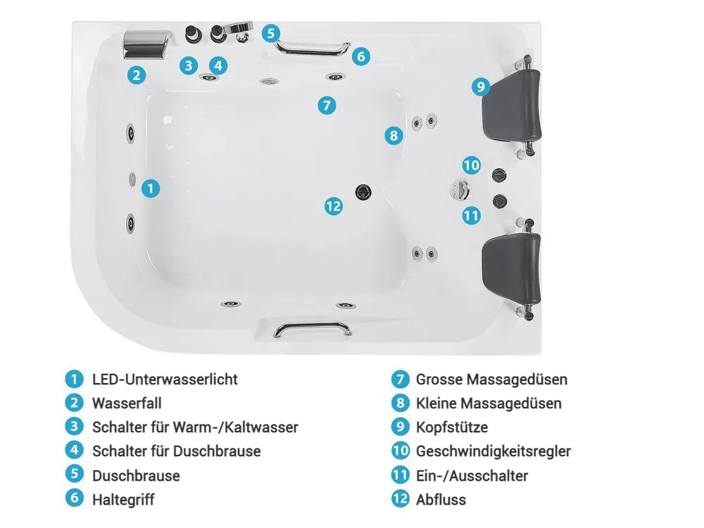 Whirlpool Badewanne Eckmodell mit LED BAYAMO 170 x 120 cm Weiss linksseitig_821992