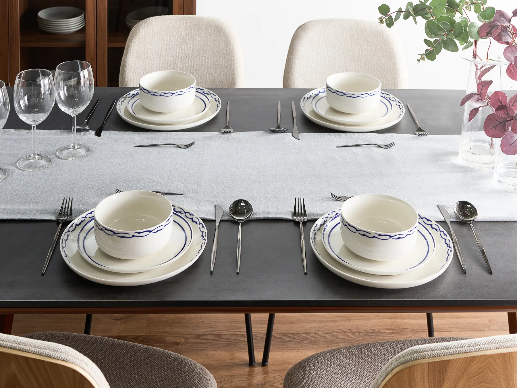 Zastawa stołowa 24-częściowa AMCHUR Porcelana Biały/ niebieski_1063951