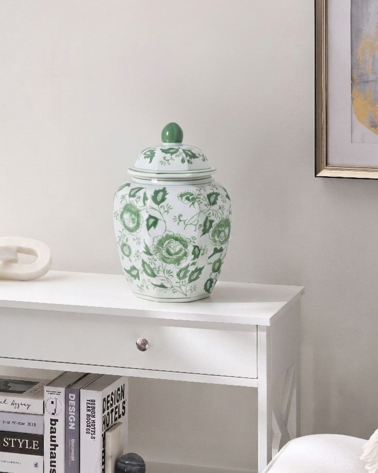 Jarrón con tapa FERROL 29 cm Porcelana Blanco/Verde