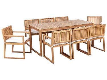 8 Seater Certified Acacia Wood Garden Dining Set with Off-White Cushions SASSARI II