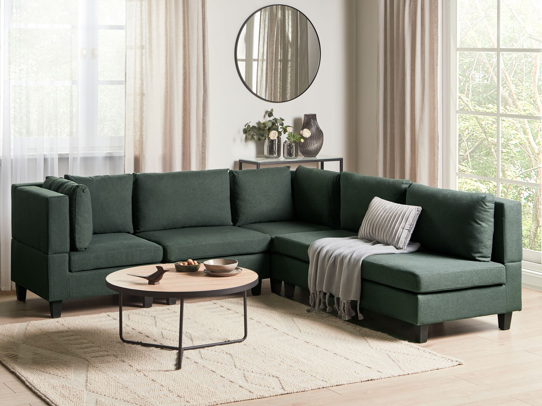 5 Seater Right Hand Modular Fabric Corner Sofa Dark Green UNSTAD_925488