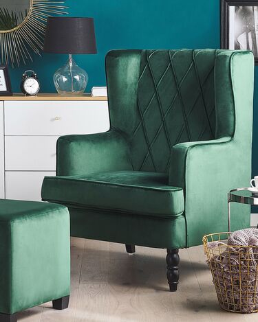 Velvet Armchair with Footstool Green SANDSET