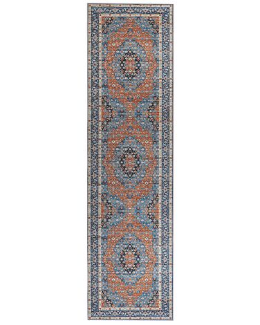 Teppich blau / orange 80 x 300 cm orientalisches Muster Kurzflor MIDALAM