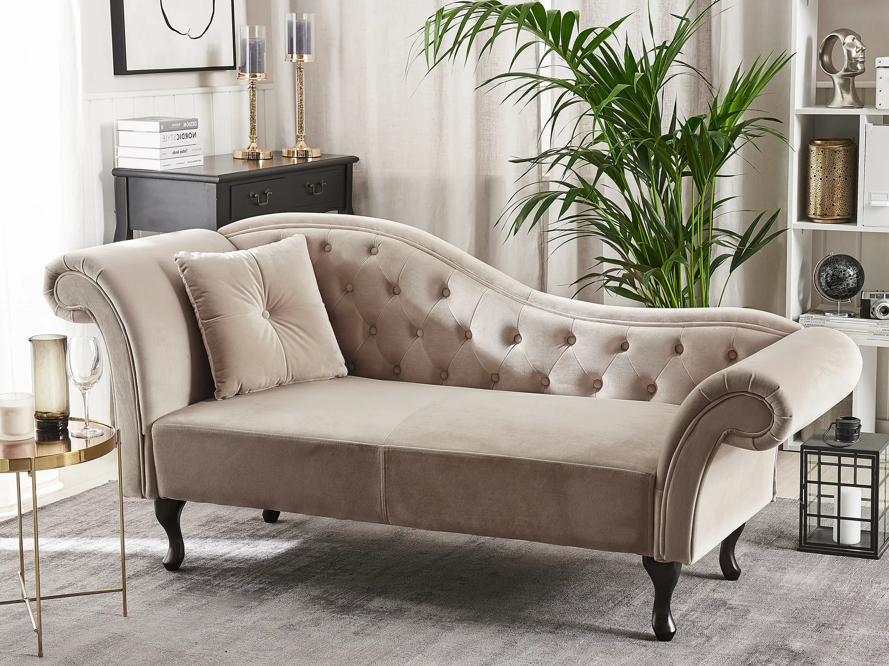 Left-Hand Chaise Longue LATTES Velvet Beige_791477