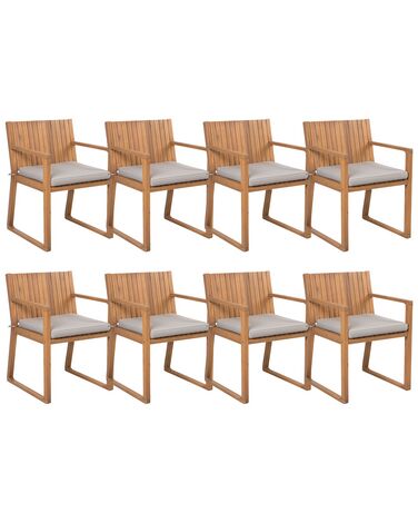 Zestaw 8 krzeseł ogrodowych akacjowy jasne drewno z poduszkami beżowoszarymi SASSARI