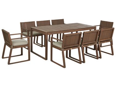 Zestaw ogrodowy stół i 8 krzeseł ciemne drewno z poduszkami beżowoszarymi SASSARI