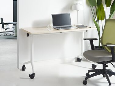 Folding Office Desk with Casters 120 x 60 cm Light Wood and White CAVI