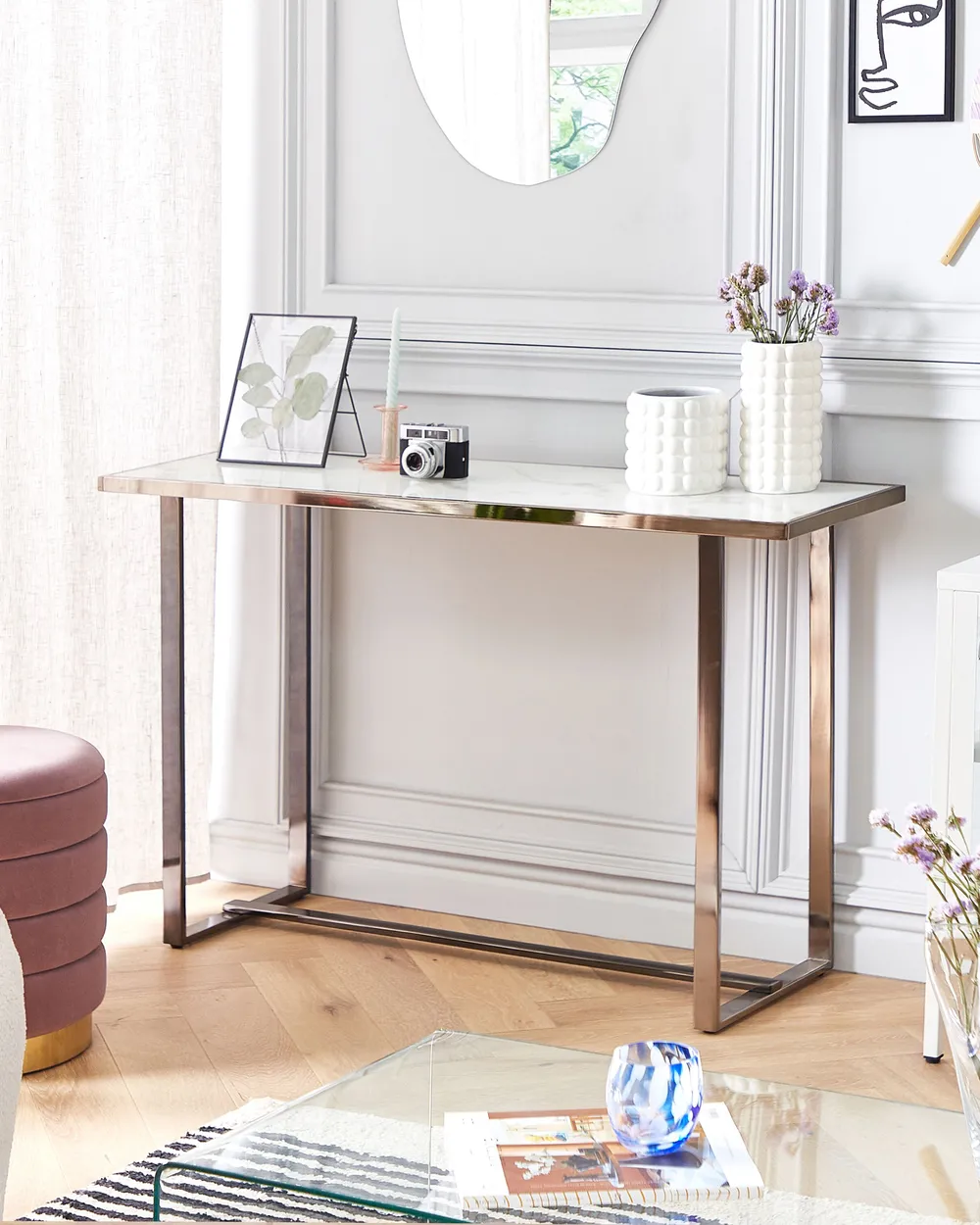 Console Table PLANO Tempered Glass White Marble