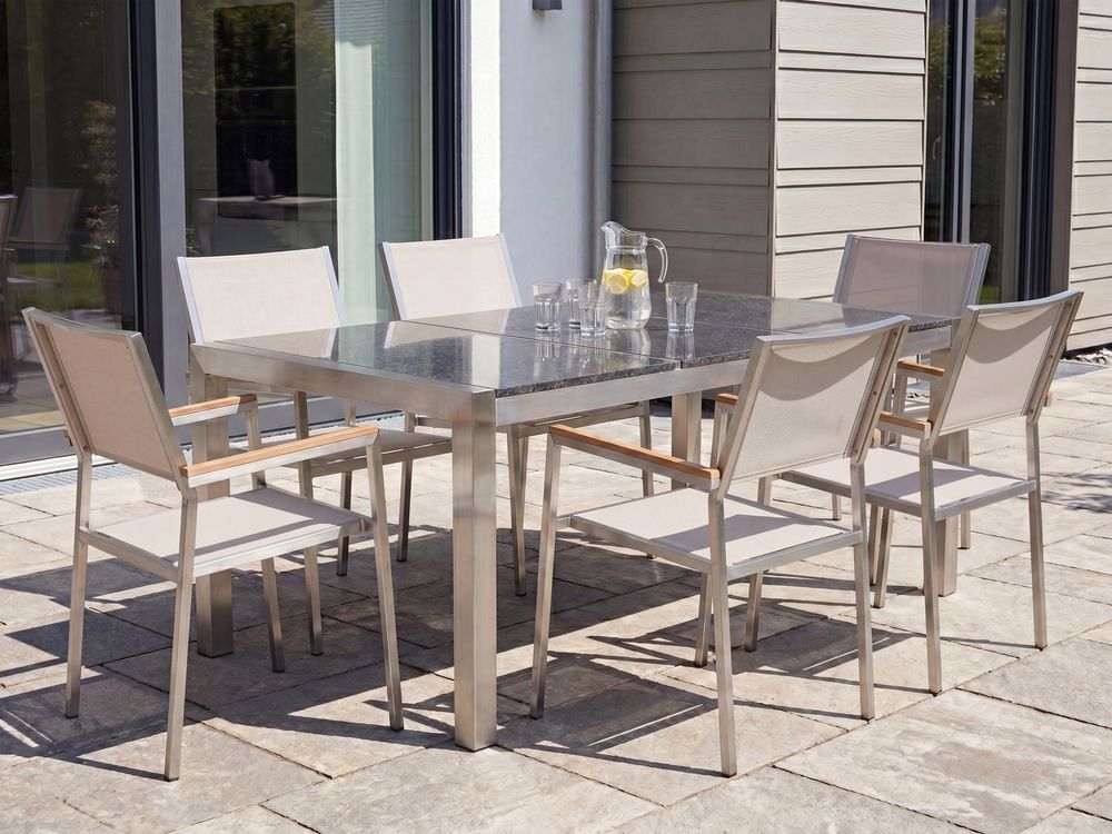 Gartenmöbel Set 6-Sitzer GROSSETO Dreifachplatte Granit poliert Grau / Beige