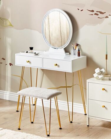 2 Drawers Dressing Table with LED Mirror and Stool White and Gold CAEN