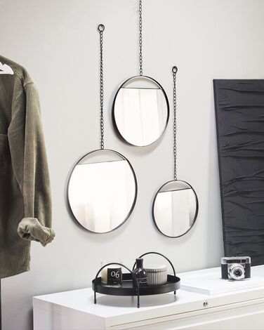 Set of 3 Round Metal Wall Mirrors with Chains ø 24 ø 29 ø 33 cm Black ODOS