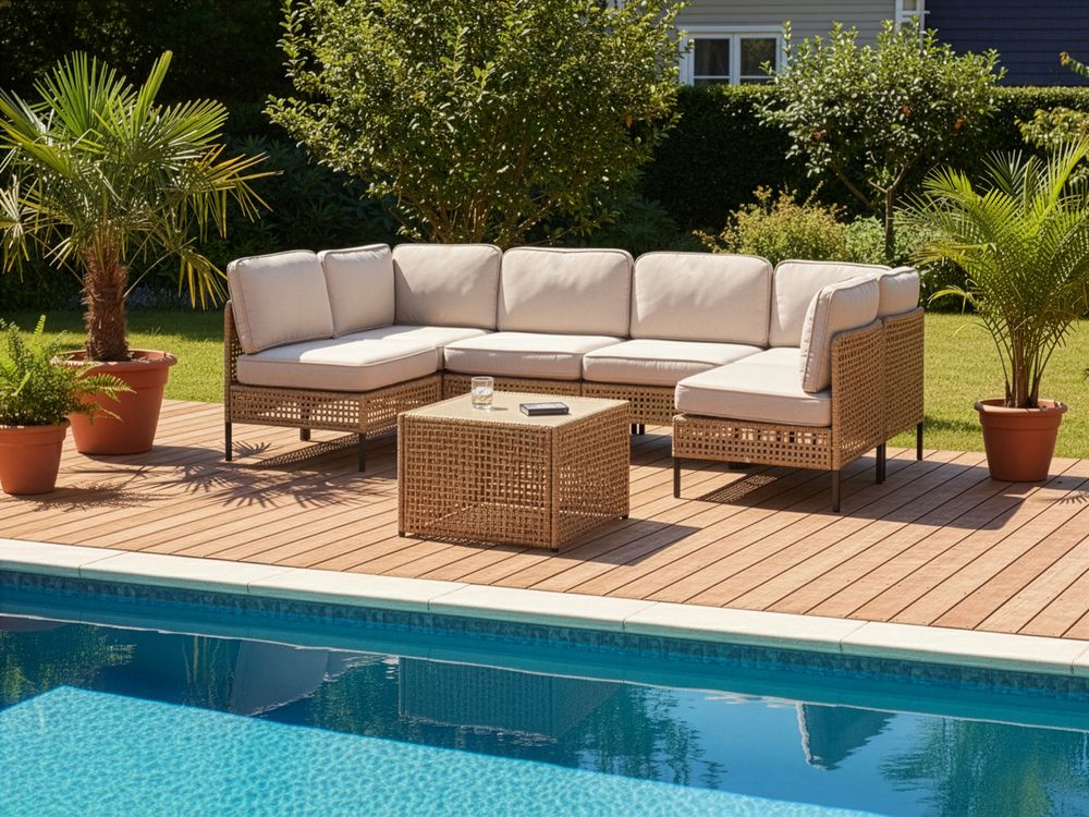 Sofa ogrodowa w kształcie U dla 6 osób OMEGANA Modułowy Technorattan Jasnobeżowy