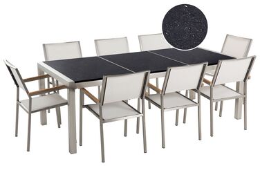 Nyolcszemélyes fekete osztott asztallapú étkezőasztal fehér textilén székekkel GROSSETO