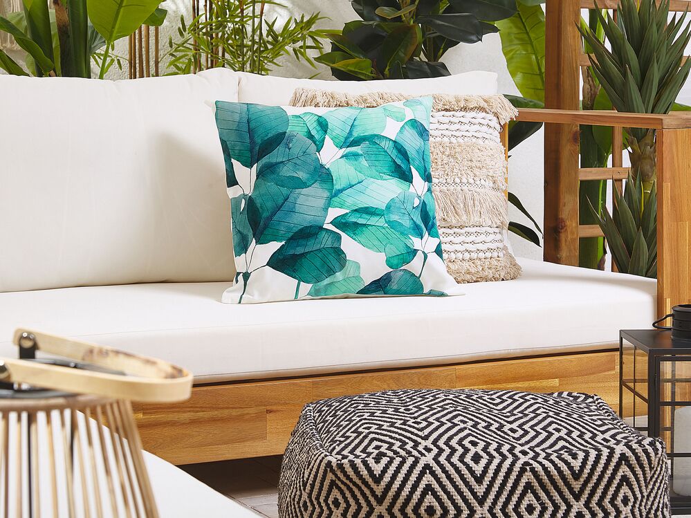 Set of 2 Outdoor Cushions Leaf Motif 45 x 45 cm Teal Blue and White TREBBO Beliani.cz
