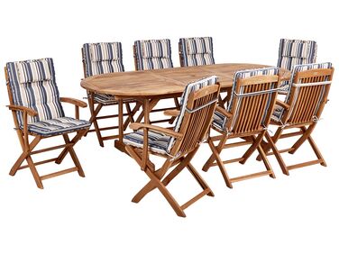 8 Seater Acacia Wood Garden Dining Set Blue Stripes Cushions MAUI II