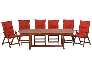 Zestaw ogrodowy drewno akacjowe stół i 6 krzeseł z poduszkami czerwonymi TOSCANA