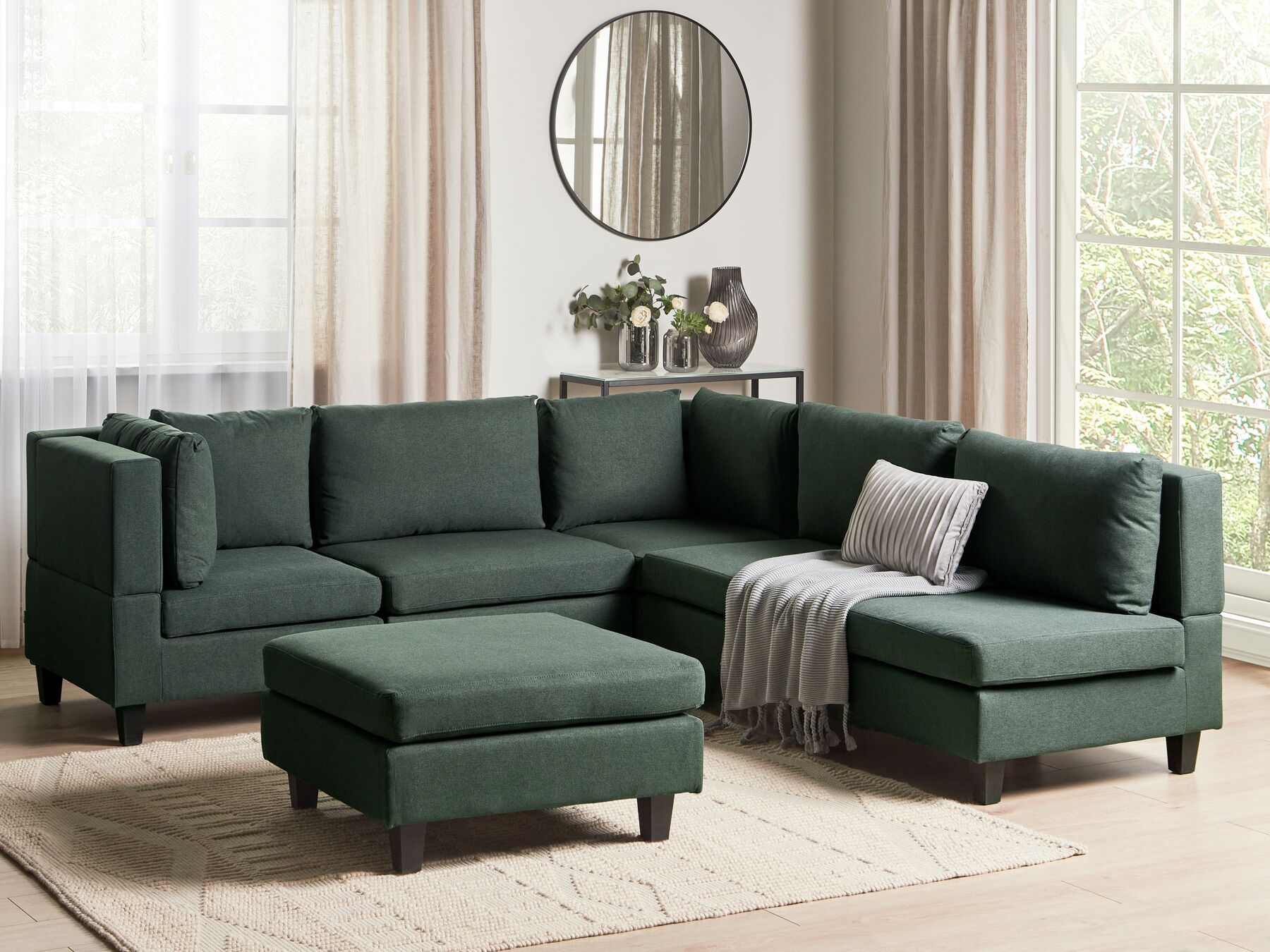 5 Seater Right Hand Modular Fabric Corner Sofa with Ottoman Dark Green UNSTAD_925512