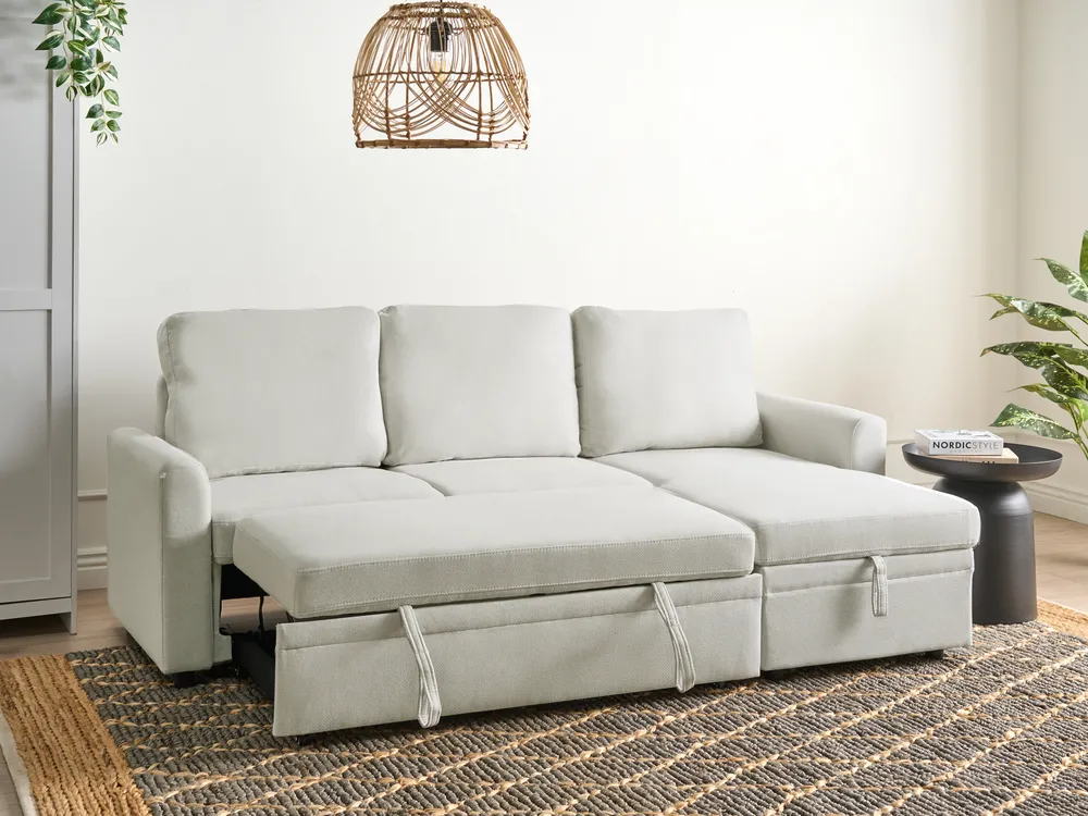 Corner Sofa Bed 3 Seater NASSJO Faux Linen Off-White Left Hand_999875