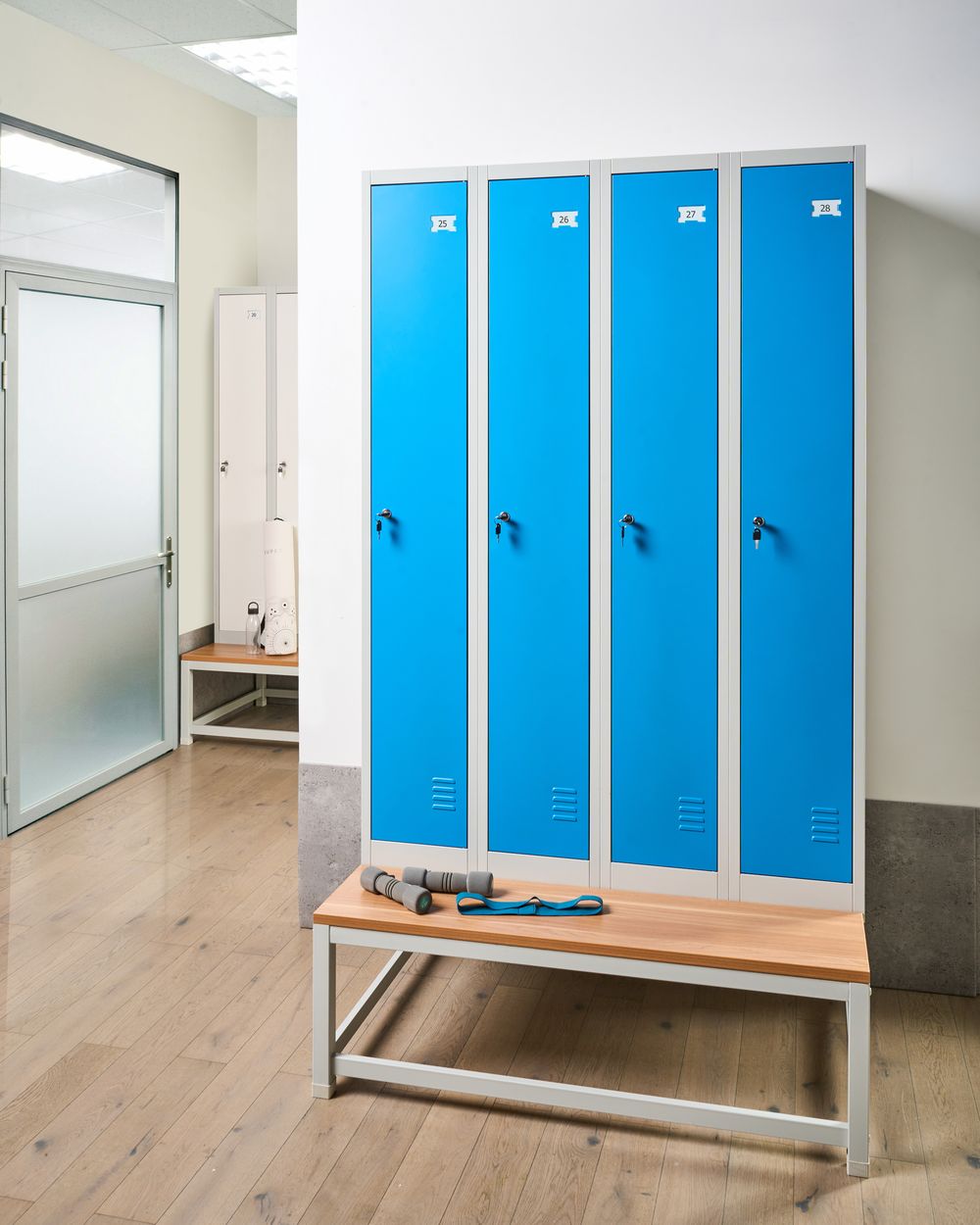 Spind mit 4 Türen und Sitzbank ATHLETE Metall Grau / Blau