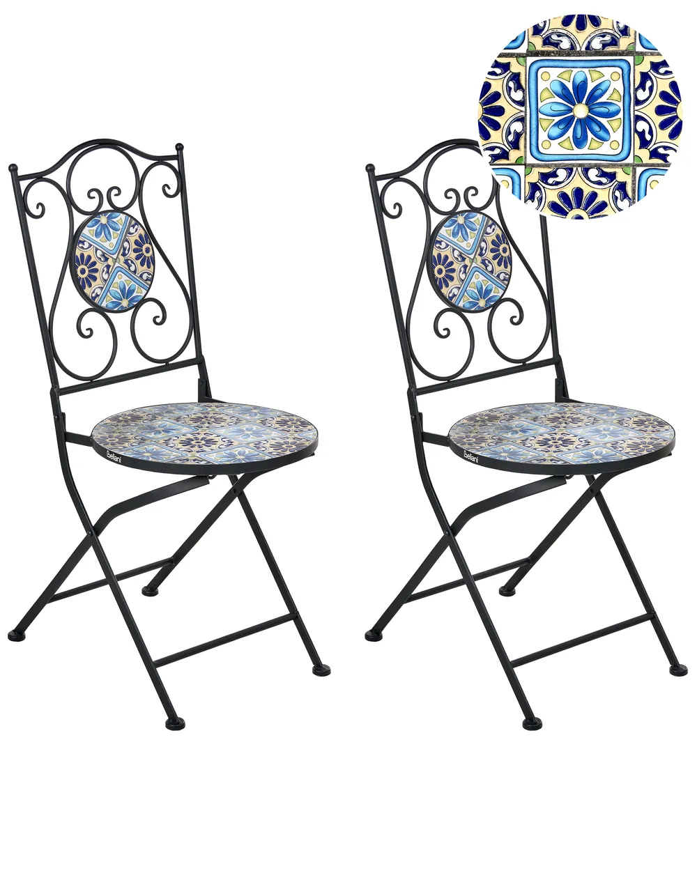 Beliani Set Di 2 Sedie Pieghevoli Da Esterno In Metallo Nero Con Mosaico - Stile Vintage Per Giardino E Balcone