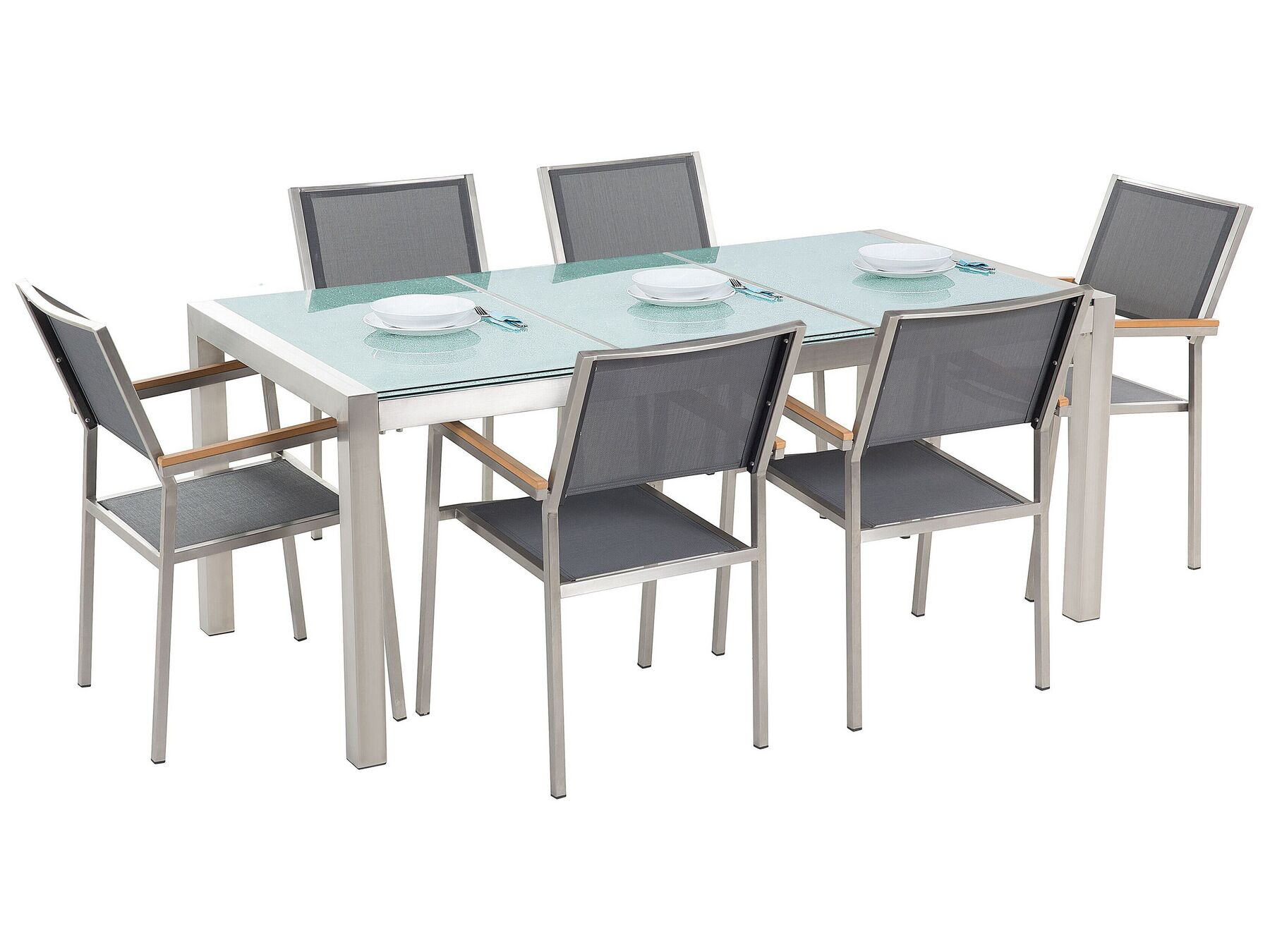 6 Seater Garden Dining Set Triple Plate Cracked Ice Glass Top with Grey Chairs GROSSETO_724972