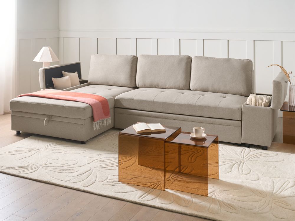 Eckschlafsofa 3-Sitzer HRISEY mit Stauraum Kunstleinen Beige rechtsseitig