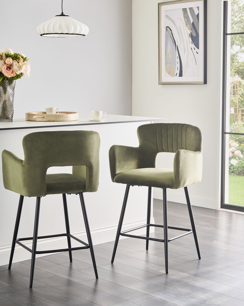 Lot de 2 chaises de bar SANILAC Velours Vert olive
