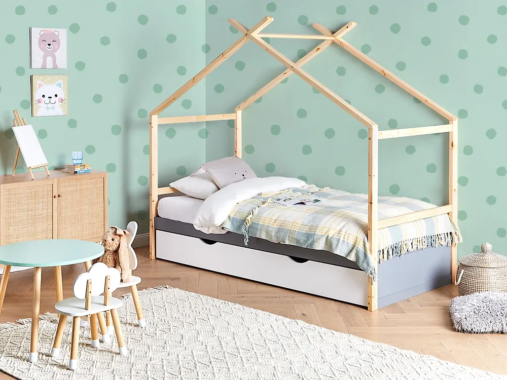 Lit d'enfant Maison Bois de pin ORGEVAL 90 x 200 cm avec rangement Gris_1179014
