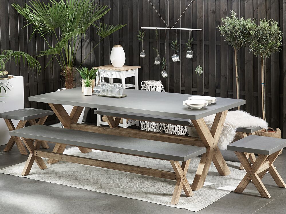 8 Seater Concrete Garden Dining Set Benches and Stools Grey OLBIA Beliani