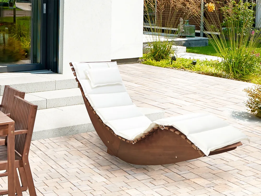 Sun Lounger with Cushion BRESCIA II Acacia Wood Off-White