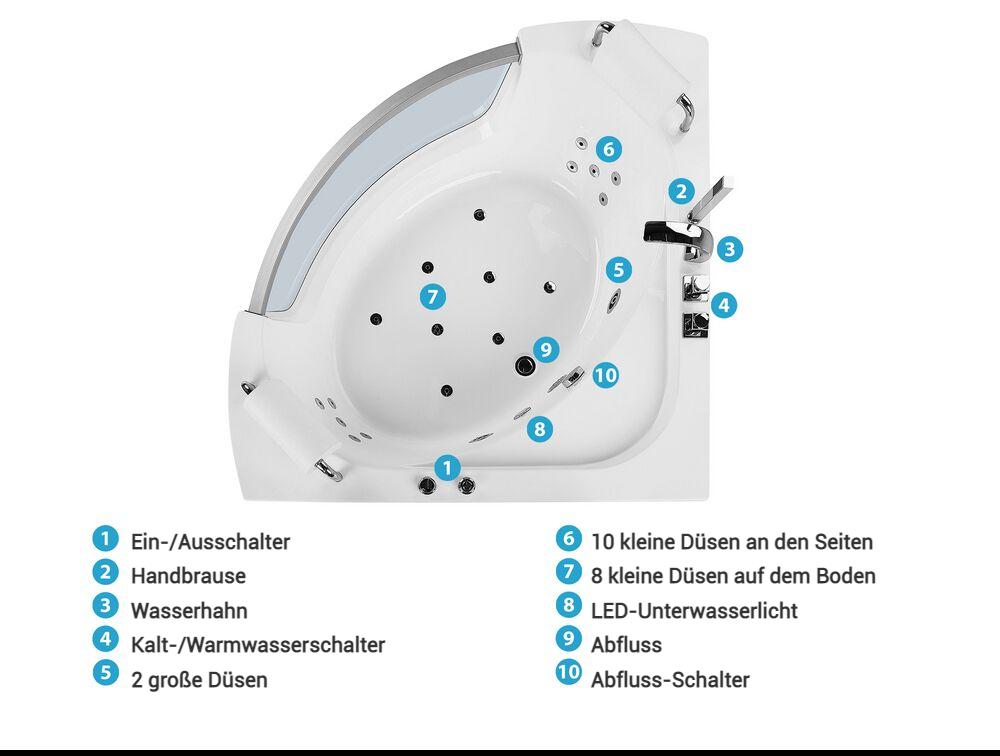 Whirlwanne Eckmodell mit LED MANGLE 187 x 136 cm Weiß_807031