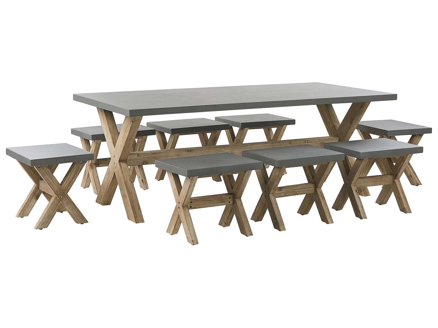 Set de jardin table et 8 tabourets en fibre-ciment gris et bois OLBIA_771468