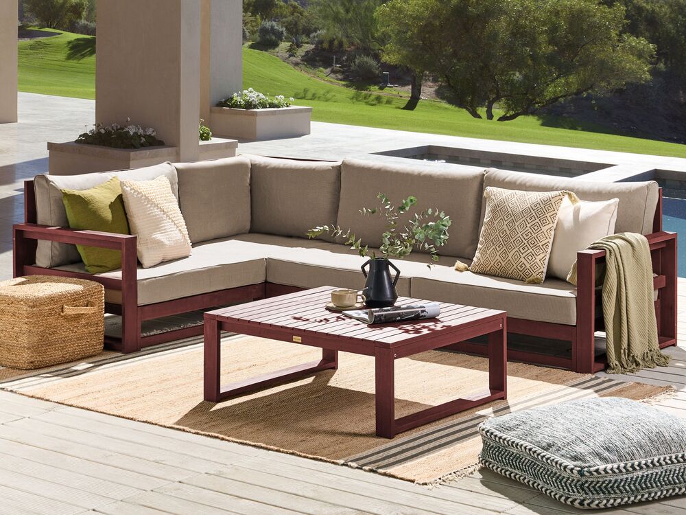 Lounge Set TIMOR Acacia Wood Dark Red Right Hand 4 Seater Beliani.cz